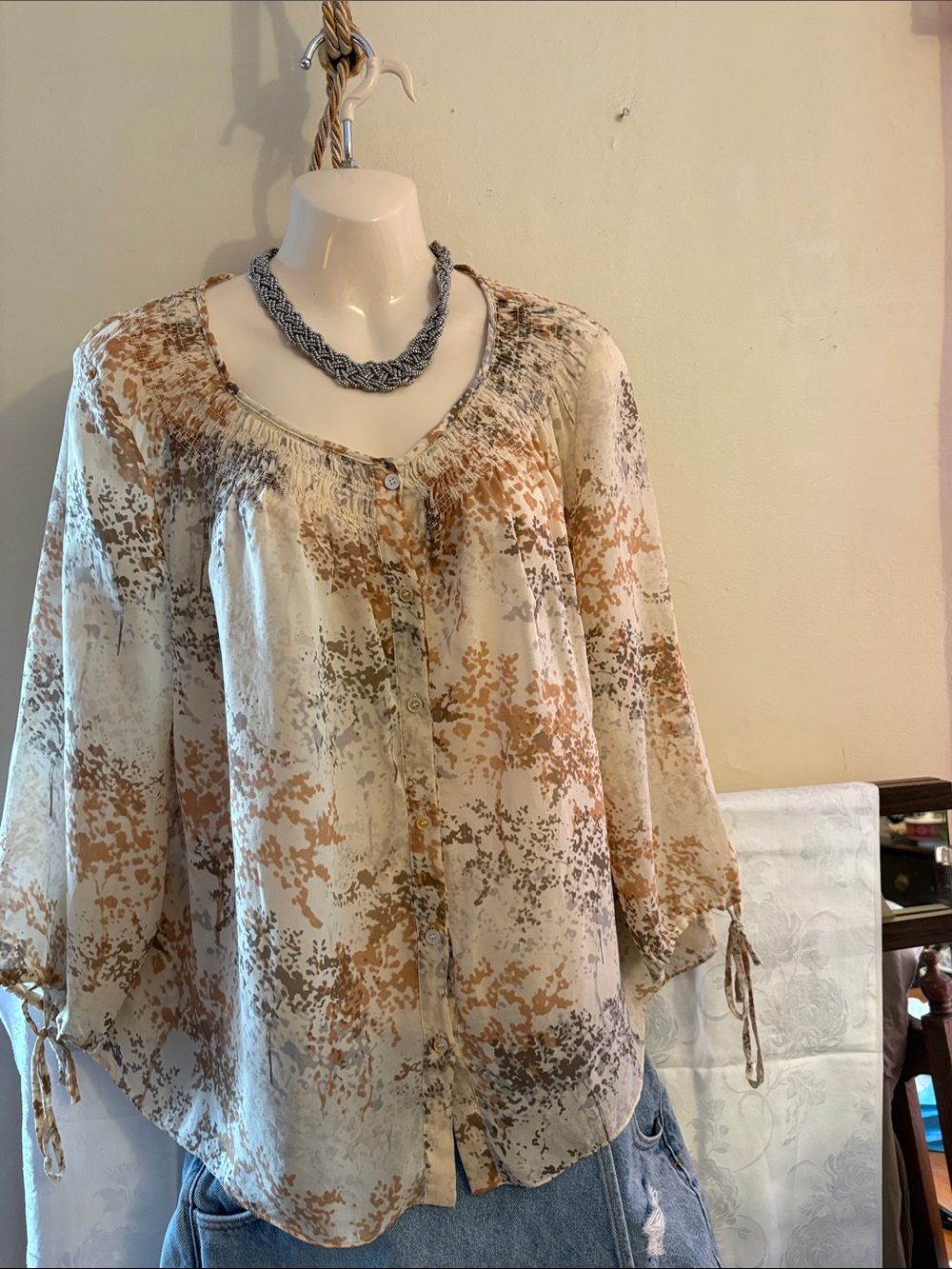 Talbots Cream Blouse with Tan and Gray Abstract Motif. 100. Silk